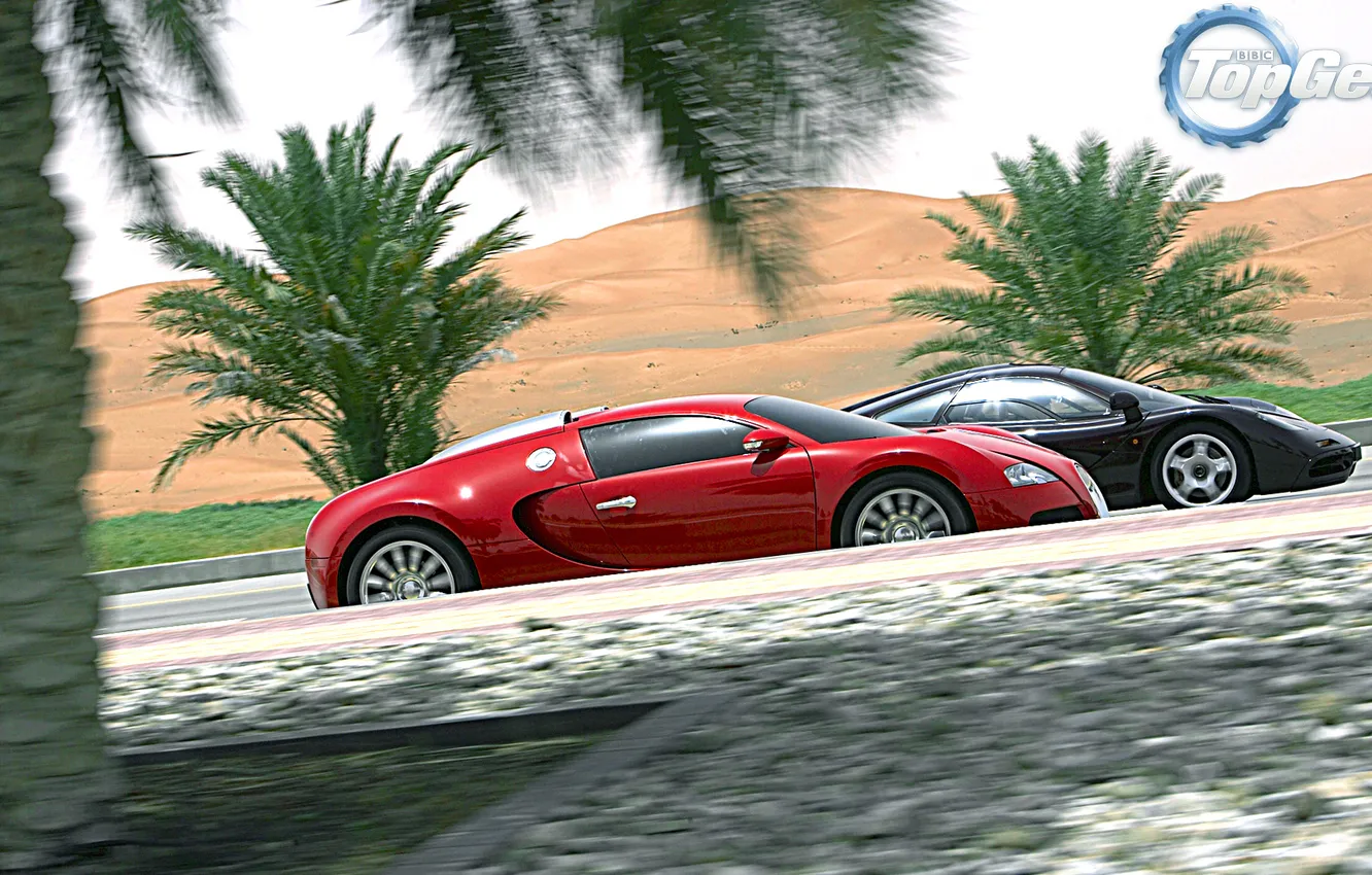 Фото обои пальмы, фон, McLaren, Bugatti, Top Gear, Veyron, пески, самая лучшая телепередача