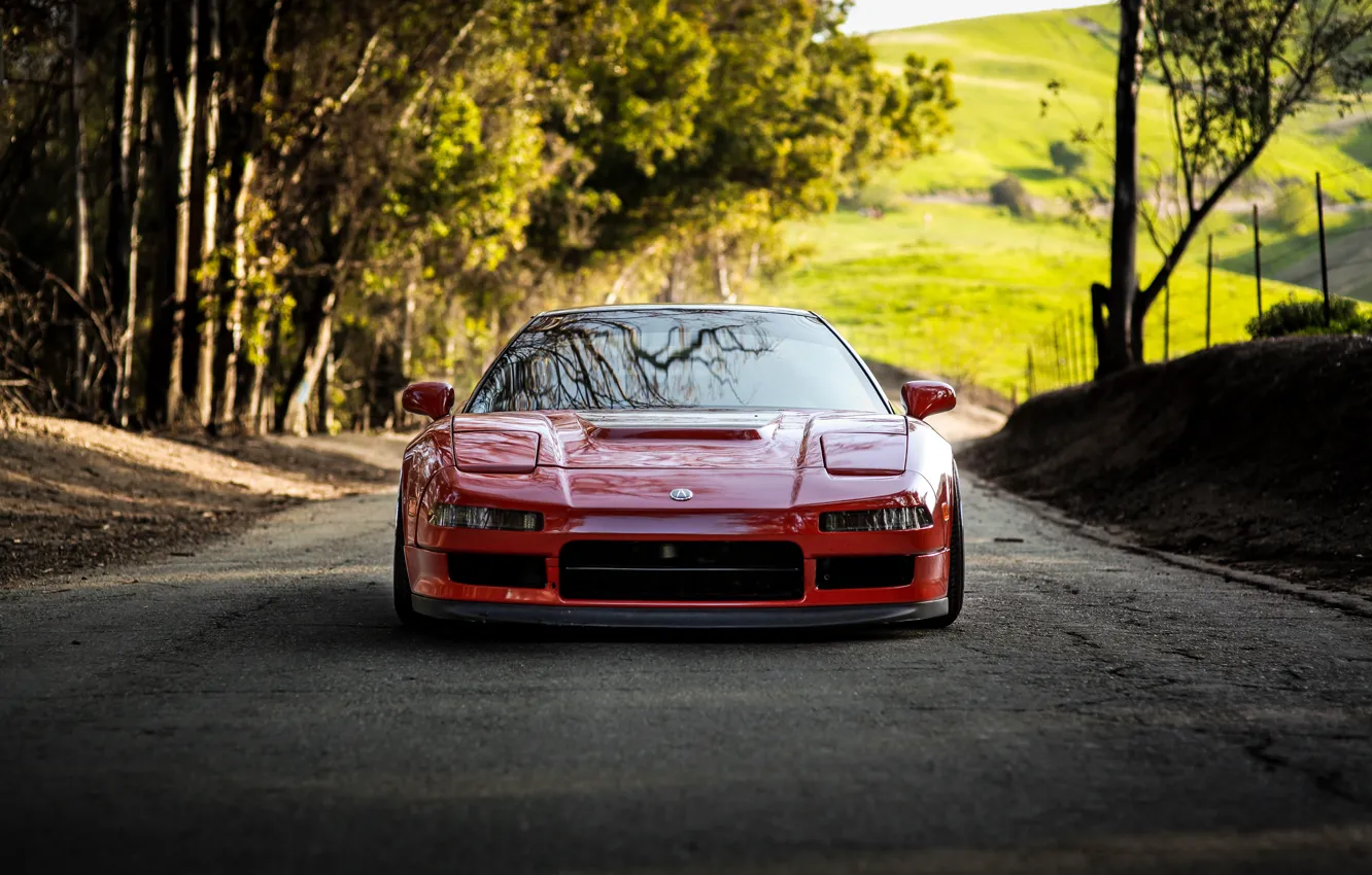 Фото обои Red, Honda, Front, Road, Acura, NSX, Forest, Trees