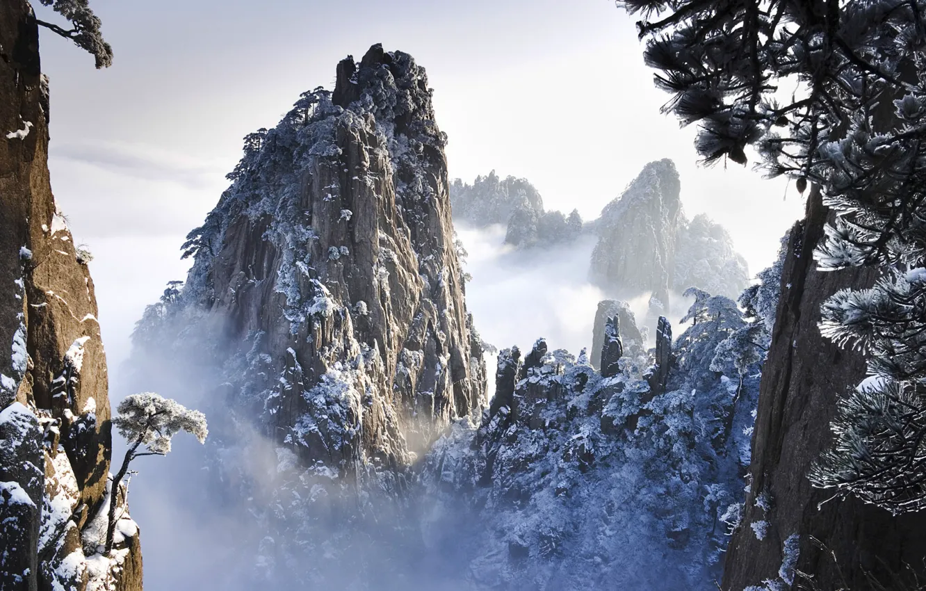 Фото обои снег, скалы, китай