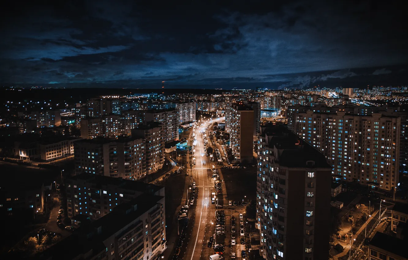 Фото обои дорога, ночь, city, здания, дома, Москва, Россия, road