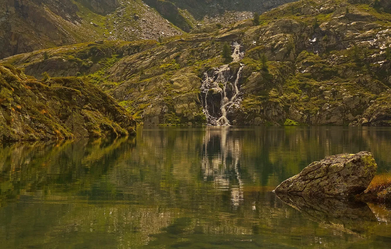 Фото обои горы, озеро, отражение, водопад, Италия, Валле-д’Аоста