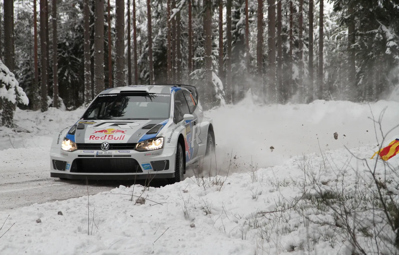 Фото обои Снег, Лес, Volkswagen, Поворот, Занос, WRC, Rally, Polo