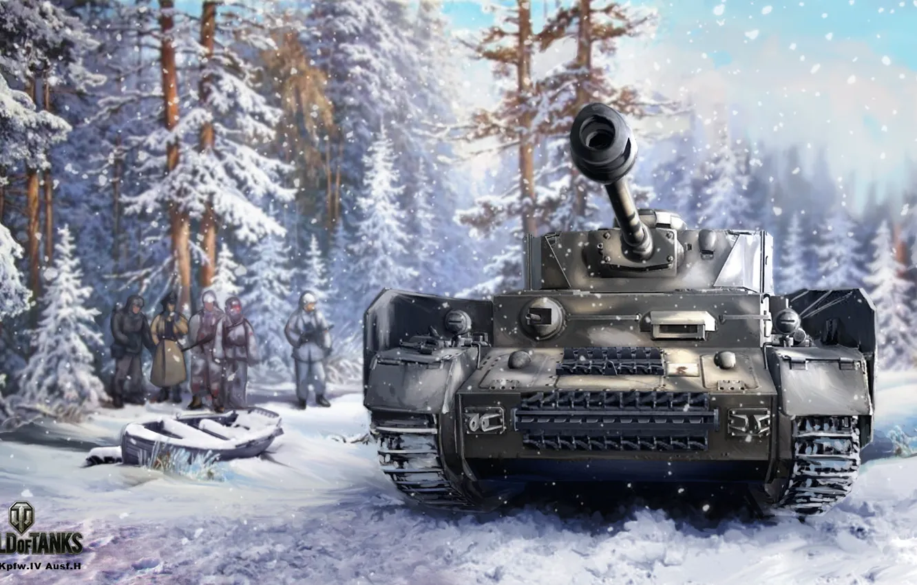 Фото обои зима, лес, снег, рисунок, арт, танк, немцы, немецкий