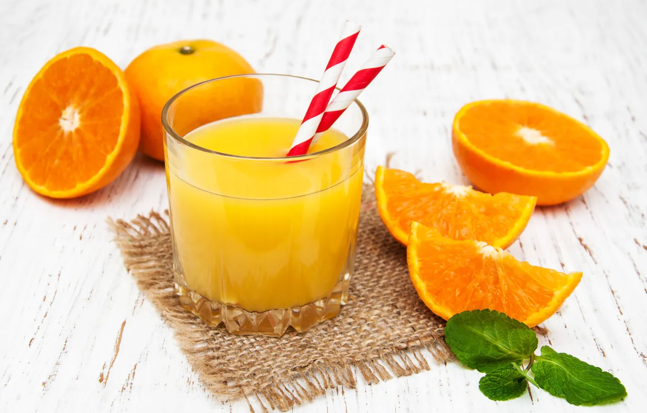 Фото обои стакан, апельсины, сок, трубочка, фреш, апельсиновый, Olena Rudo