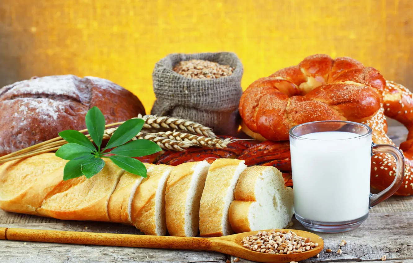 Фото обои еда, молоко, хлеб, злаки