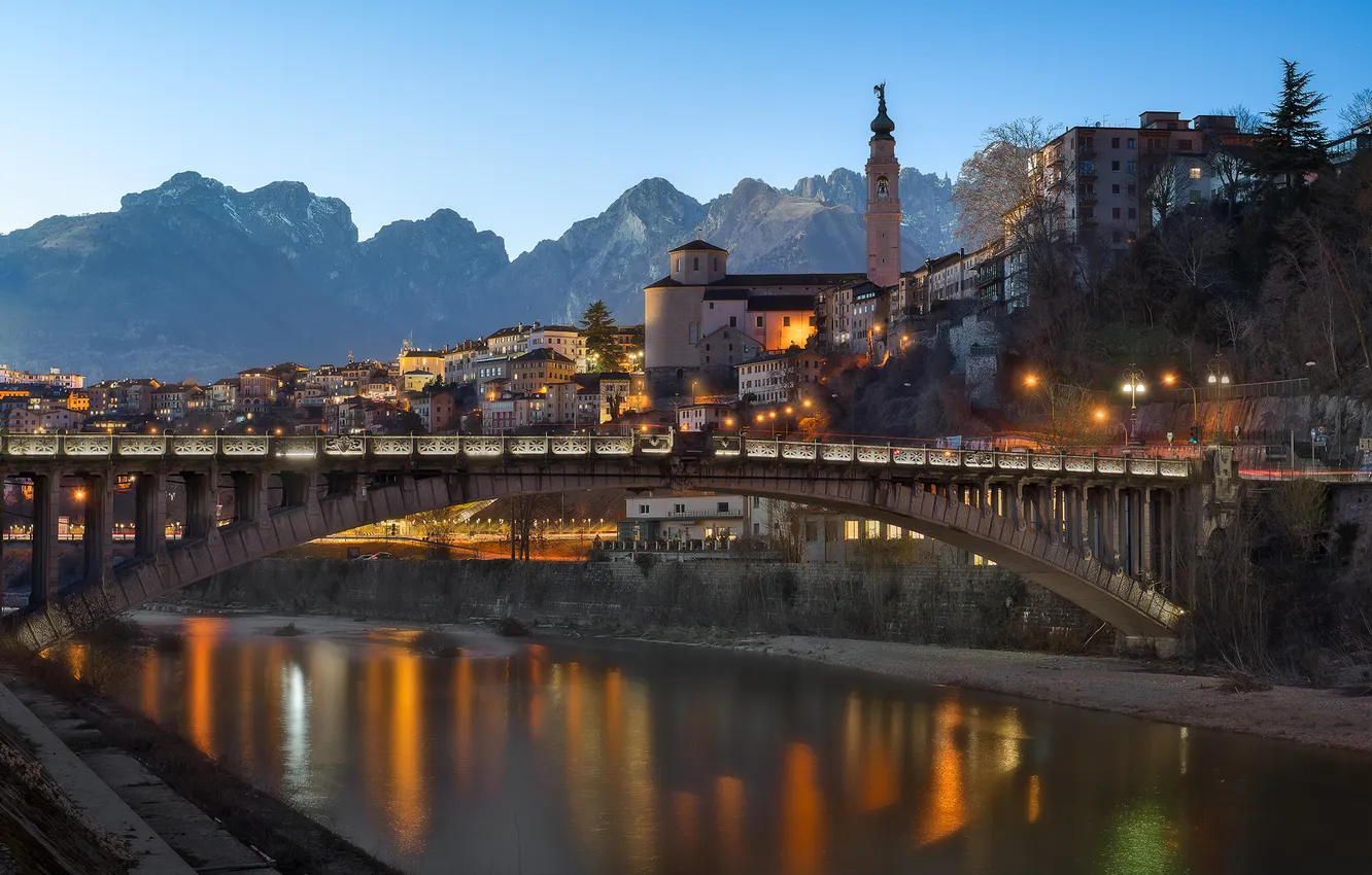 Фото обои горы, мост, река, дома, Италия, Italy, Доломитовые Альпы, Dolomites