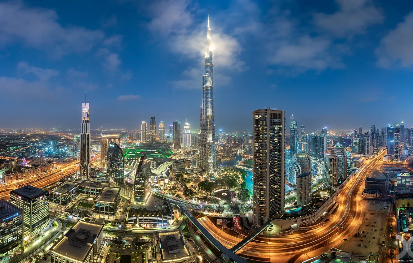 Фото обои здания, дороги, дома, панорама, Дубай, ночной город, Dubai, небоскрёбы