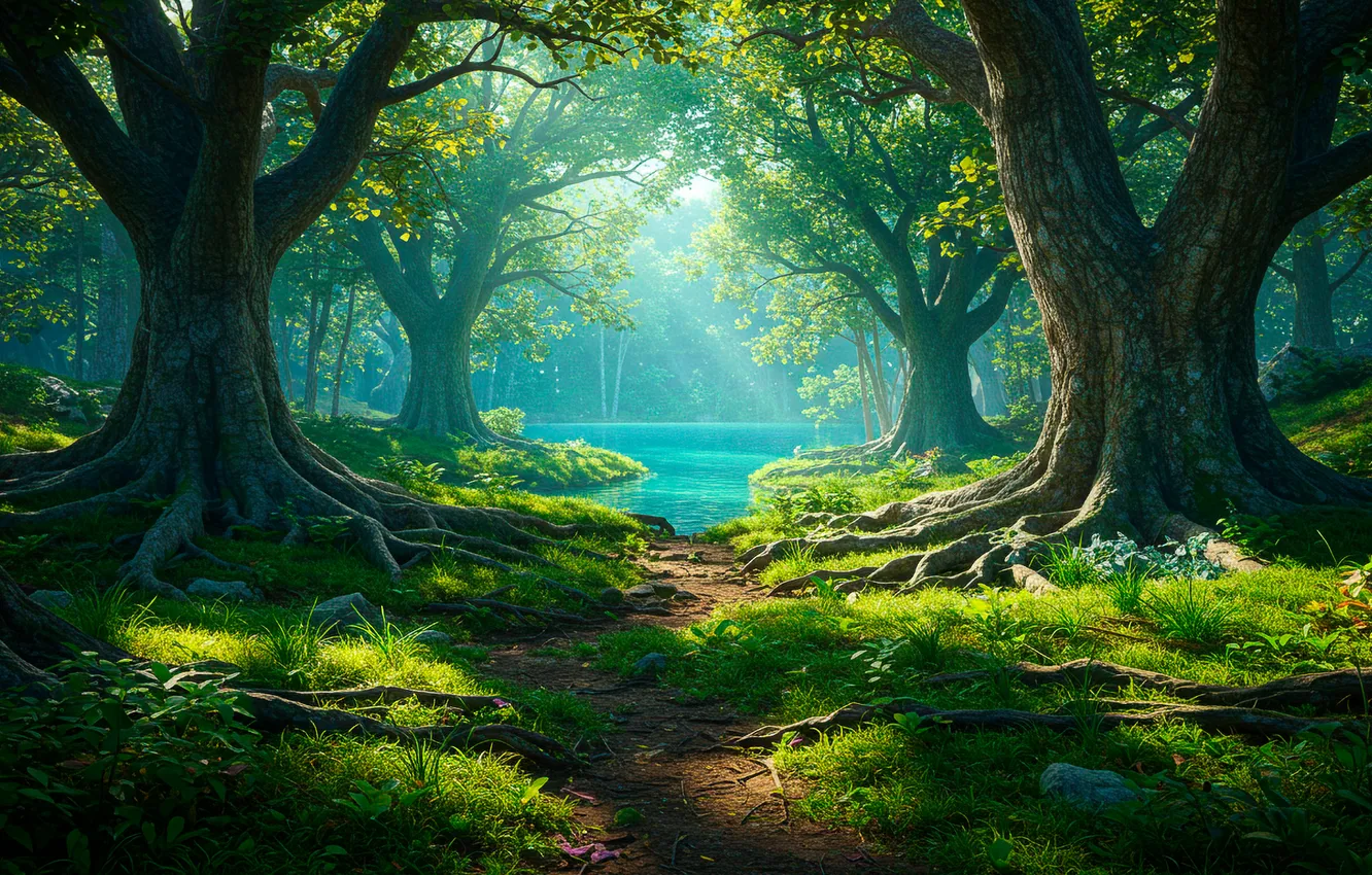 Фото обои лес, трава, корни, озеро, обои, вид, арт, wallpaper