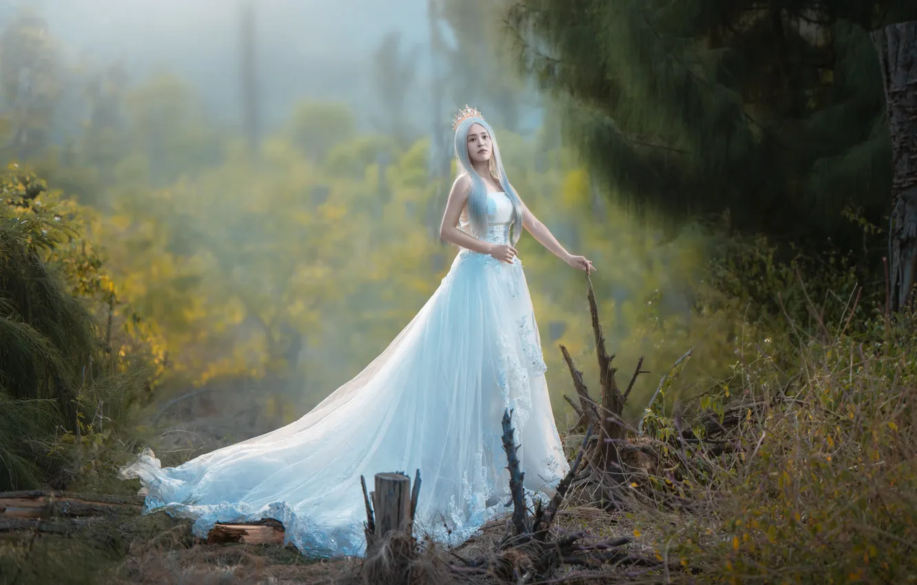 Фото обои взгляд, девушка, лучи, свет, ветки, природа, поза, туман