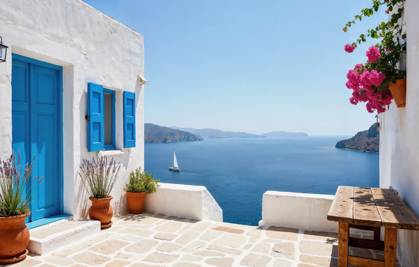 Фото обои море, солнце, дома, summer, house, sunshine, каникулы, цветение