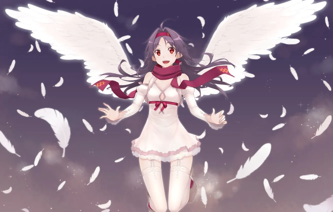 Фото обои game, smile, anime, cloud, wings, feathers, pretty, angel