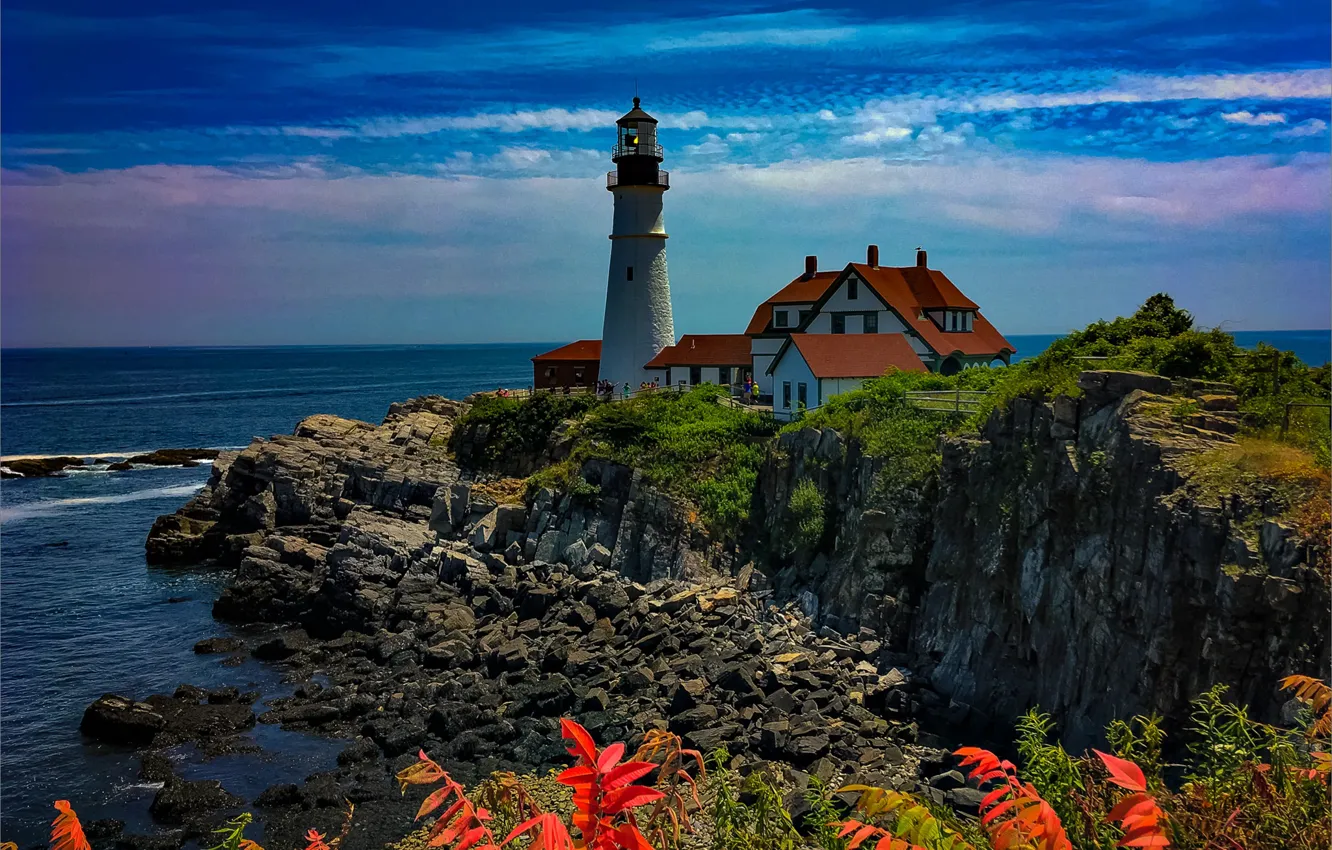 Фото обои море, скала, побережье, маяк, Maine, Мэн, Cape Elizabeth, Portland Head Light