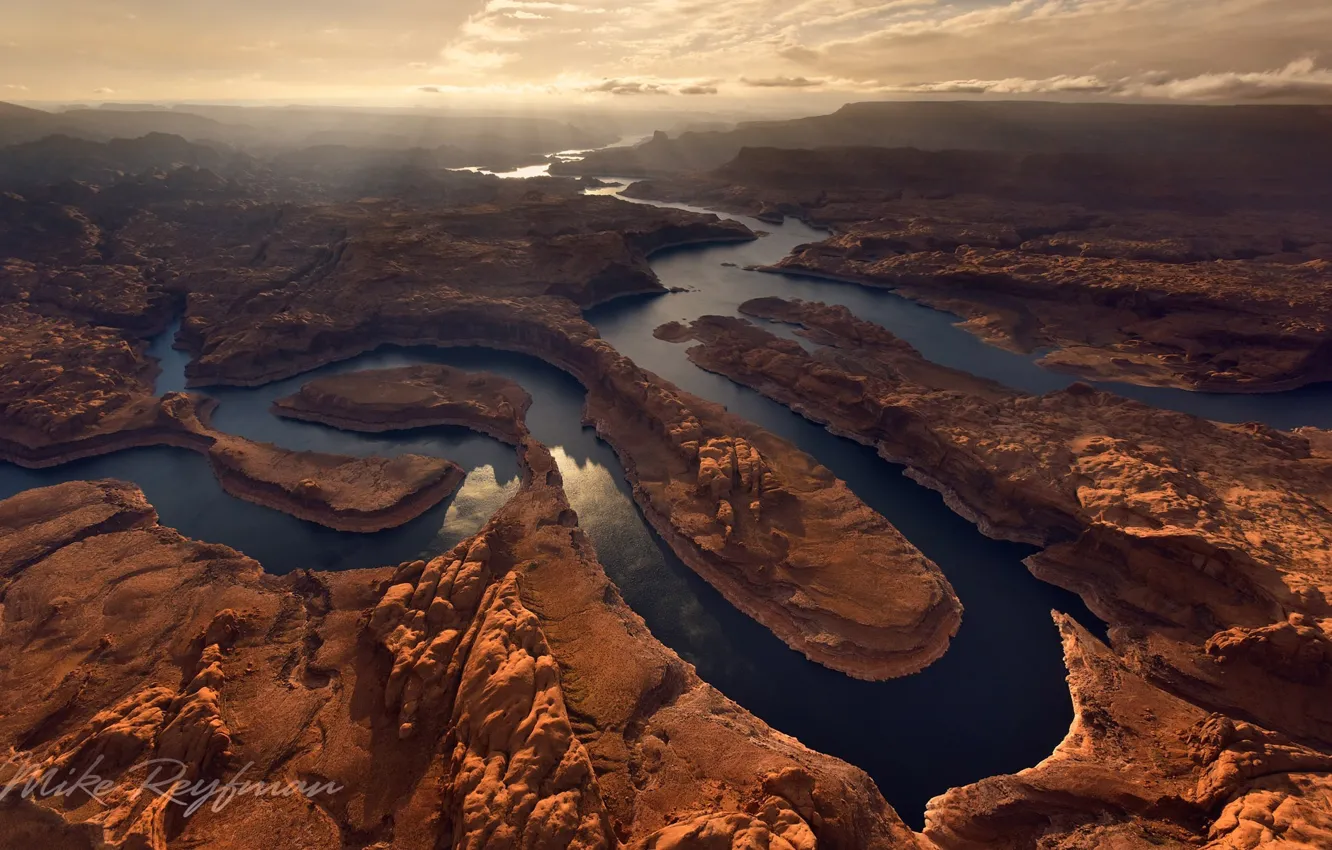 Фото обои облака, свет, река, каньон, США