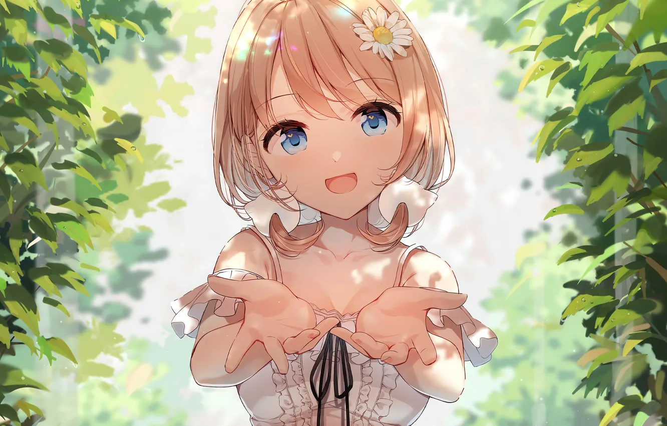 Фото обои girl, blouse, flower, boobs, anime, beautiful, short hair, pretty