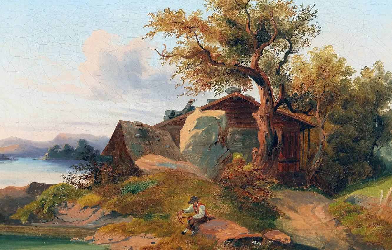 Фото обои Деревья, Река, Дом, Картина, Мужчина, Австрийский художник-пейзажист, Антон Ханш, Anton Hansch