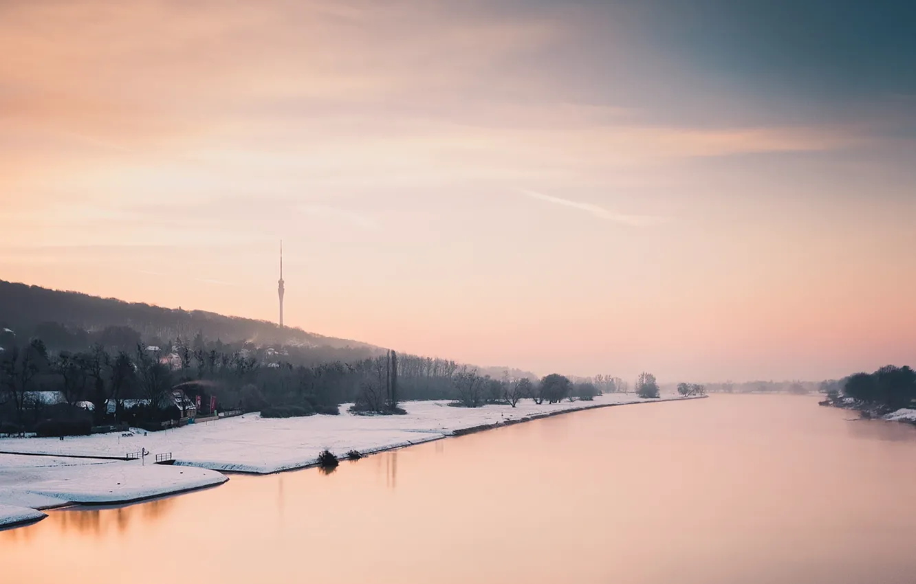 Фото обои twilight, tower, river, Germany, sunset, Dresden, winter, snow