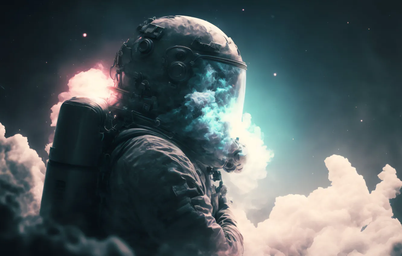 Фото обои облака, дым, космонавт, скафандр, ранец, ИИ арт