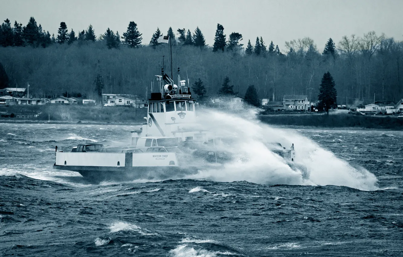 Фото обои waves, cars, sea, Washington, bow, boat, Puget Sound, ferry