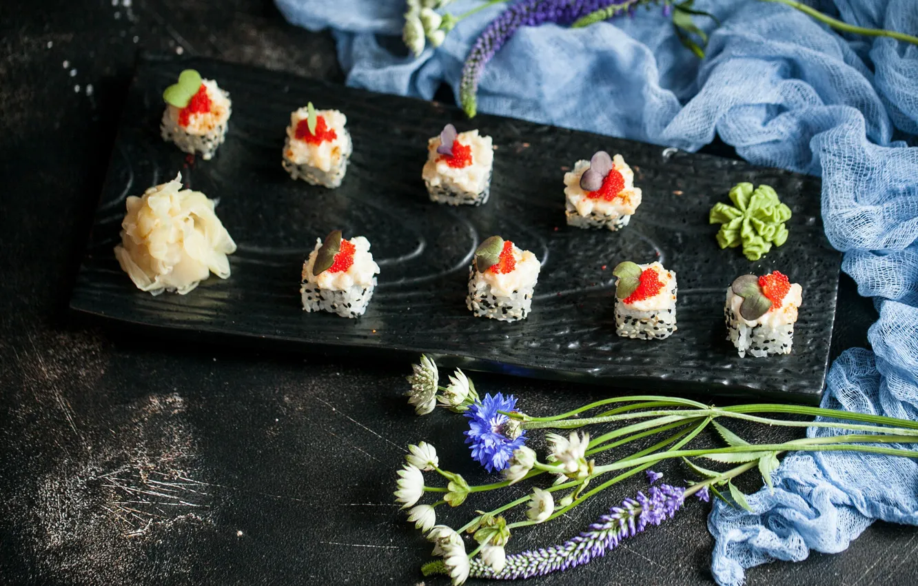 Фото обои цветы, еда, вкусно, роллы