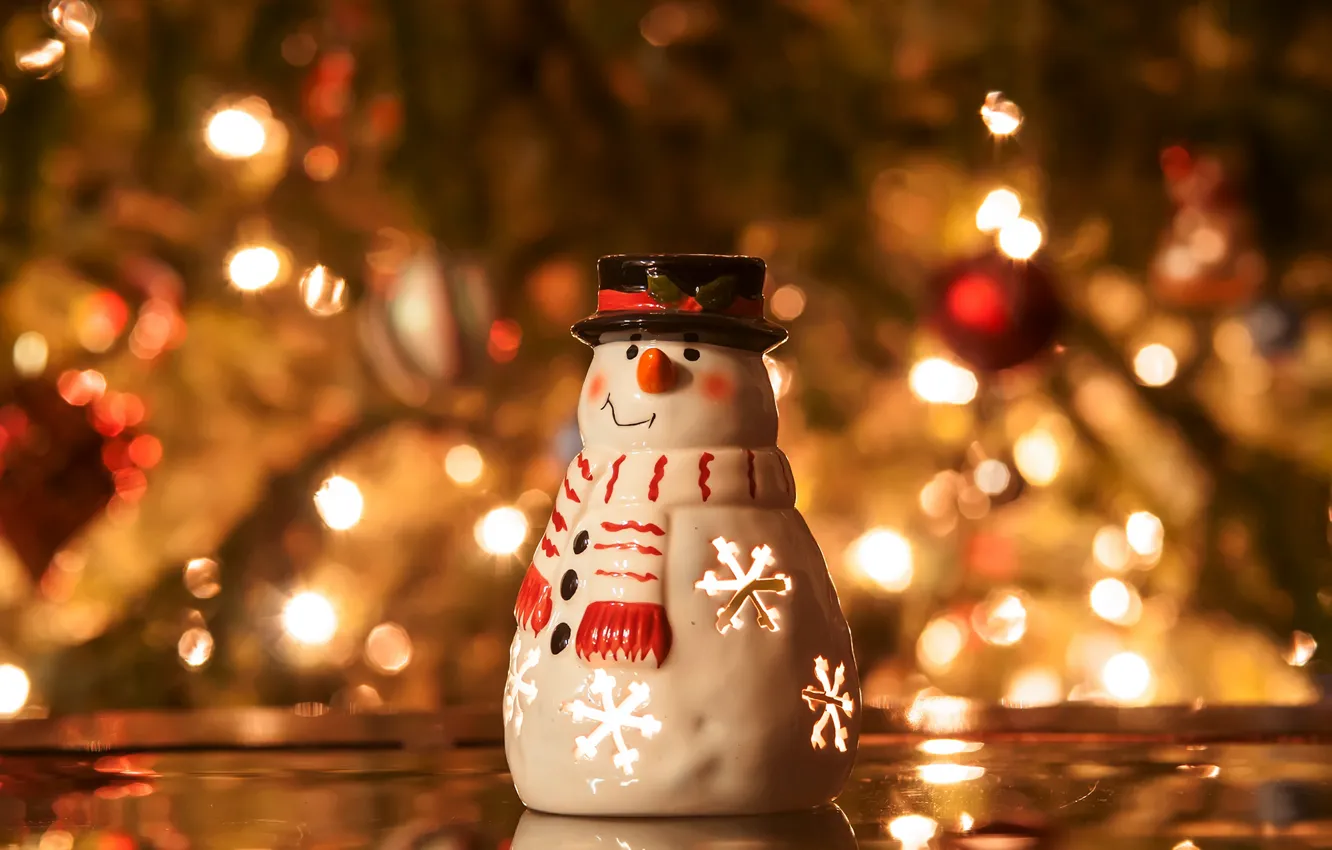 Фото обои зима, огни, елка, свеча, ель, Новый Год, Рождество, снеговик