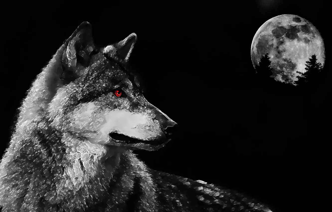 Фото обои глаза, луна, волк, хищник