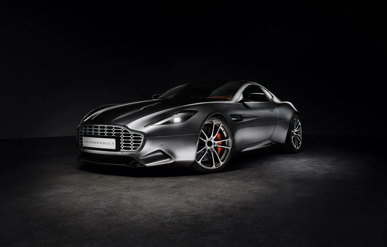 Фото обои Aston Martin, Черный фон, Серебряный, Thunderbolt, 2015, galpin