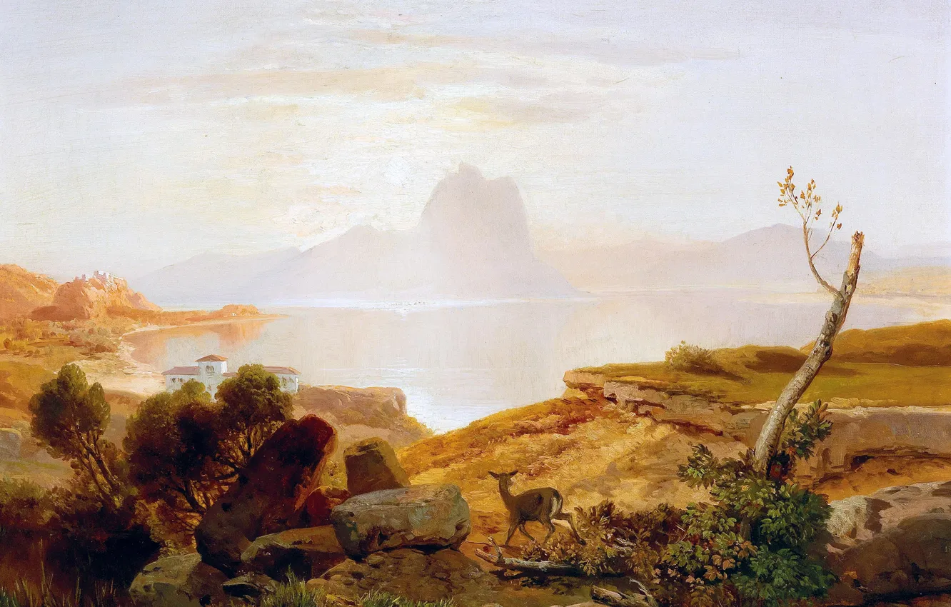 Фото обои Озеро, Деревья, Картина, Лань, Немецкий художник, Albert August Zimmermann, Альберт Август Циммерман, Часть на берегу …