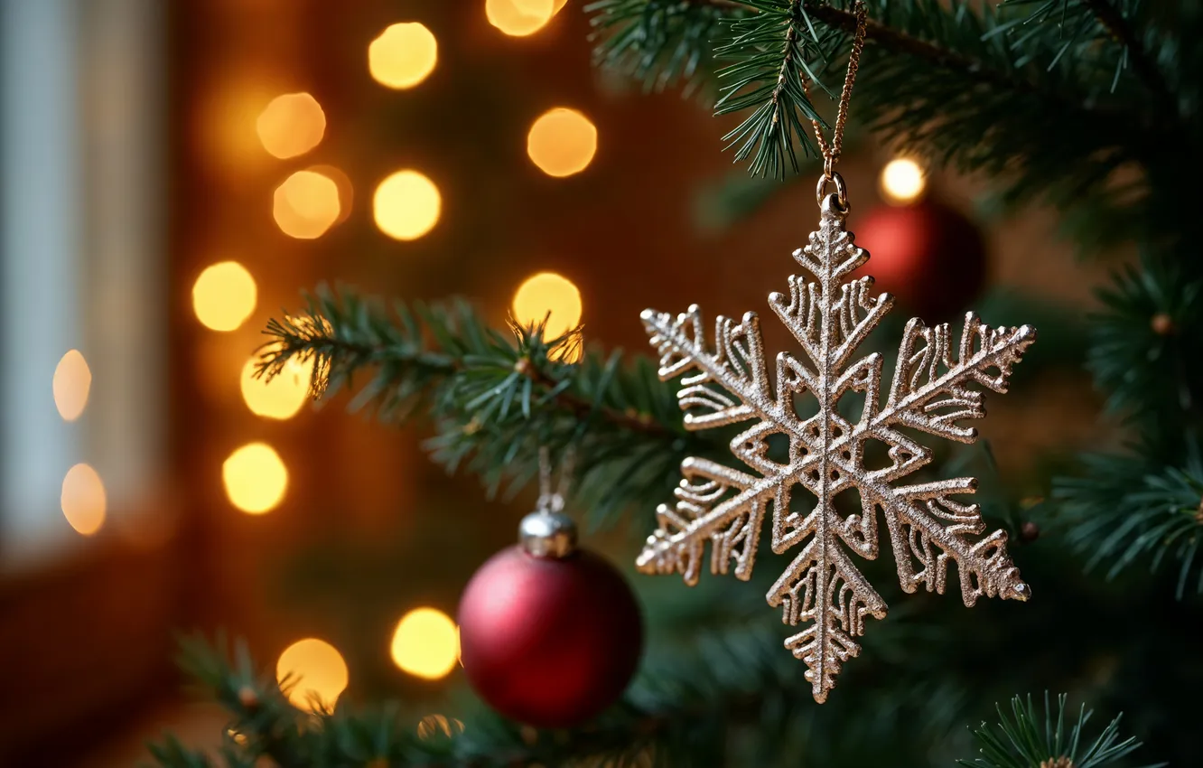 Фото обои украшения, игрушка, елка, Рождество, Новый год, Christmas, снежинка, tree