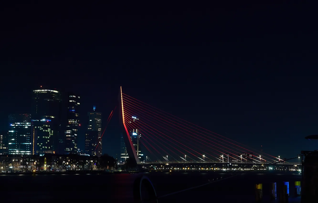 Фото обои мост, огни, вечер, Rotterdam, Willemsbrug