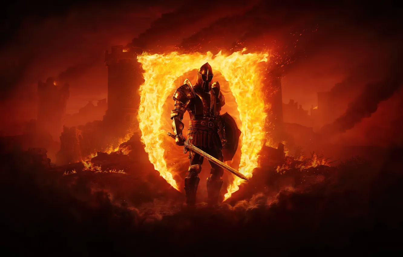 Фото обои fire, flame, sword, chaos, ken, the elder scrolls, blade, shield