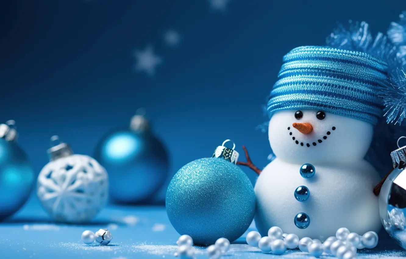 Фото обои зима, снег, шары, новый год, Рождество, снеговик, Christmas, balls