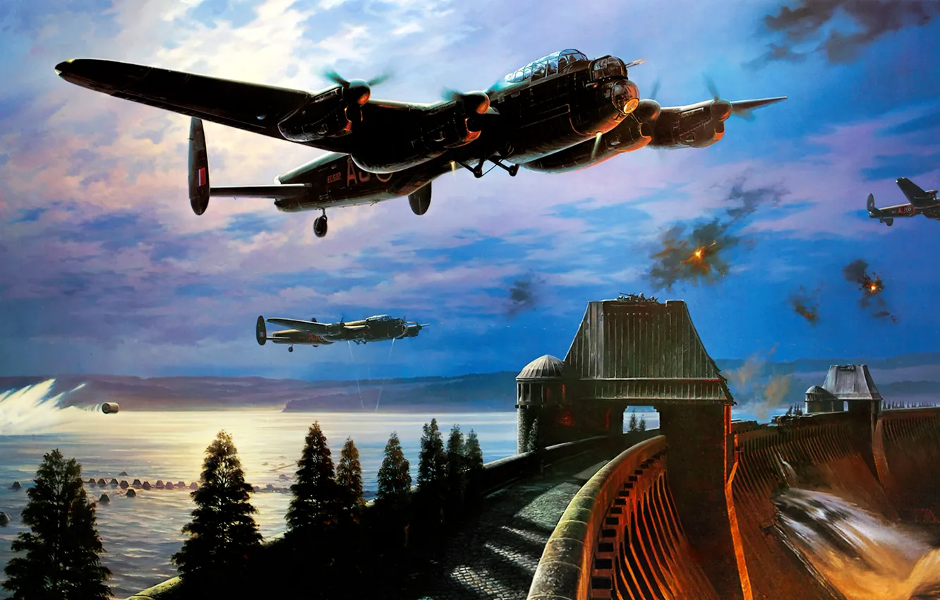 Фото обои bomber, art, airplane, painting, ww2, Avro Lancaster