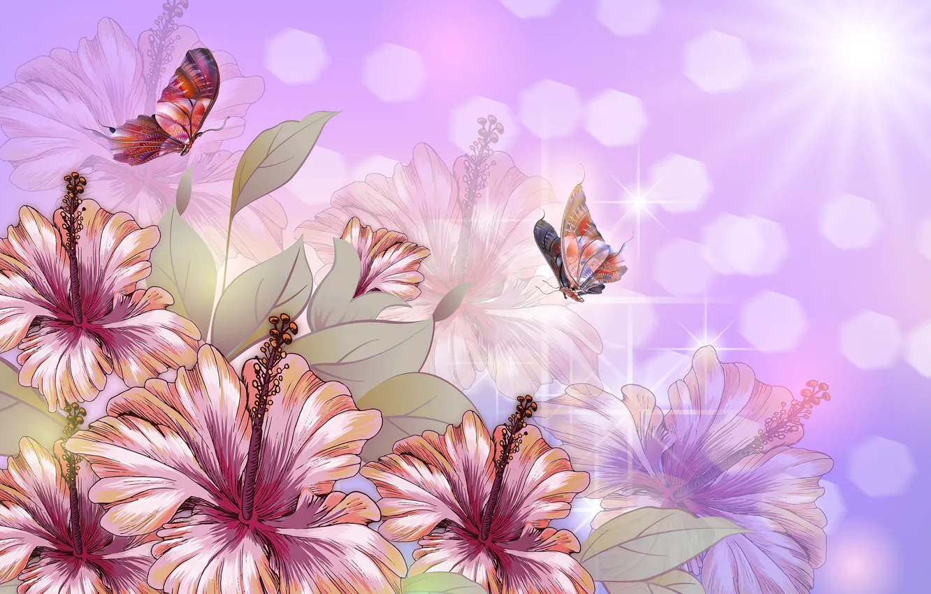 Фото обои бабочки, цветы, обои