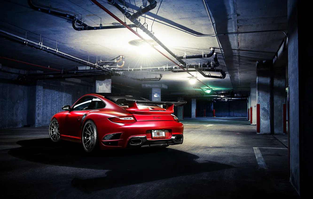 Фото обои красный, 911, Porsche, парковка, red, порше, rear, Turbo