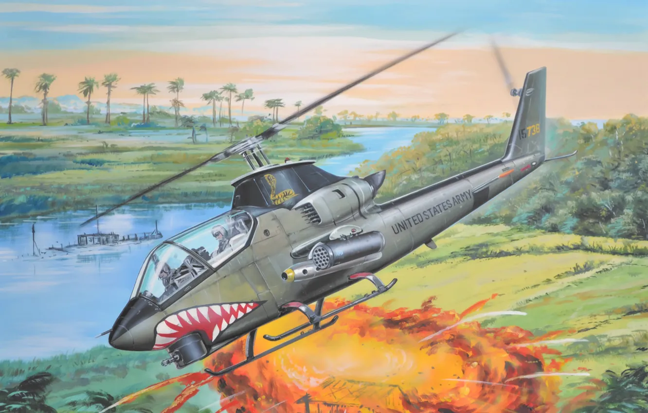 Фото обои war, art, helicopter, painting, vietnam war, Bell AH-1G Huey Cobra