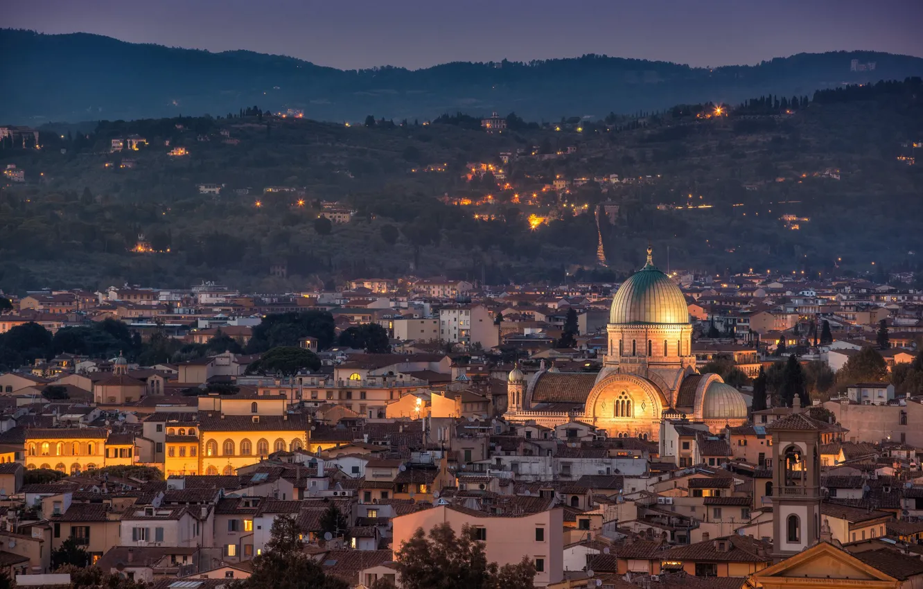 Фото обои ночь, огни, дома, Италия, панорама, собор, Флоренция