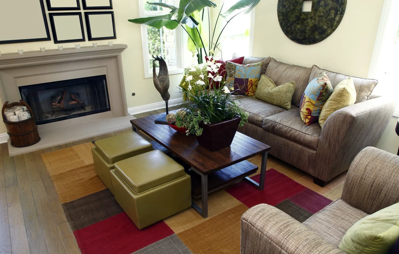 Фото обои листья, цветы, дизайн, уют, стиль, стол, комната, диван