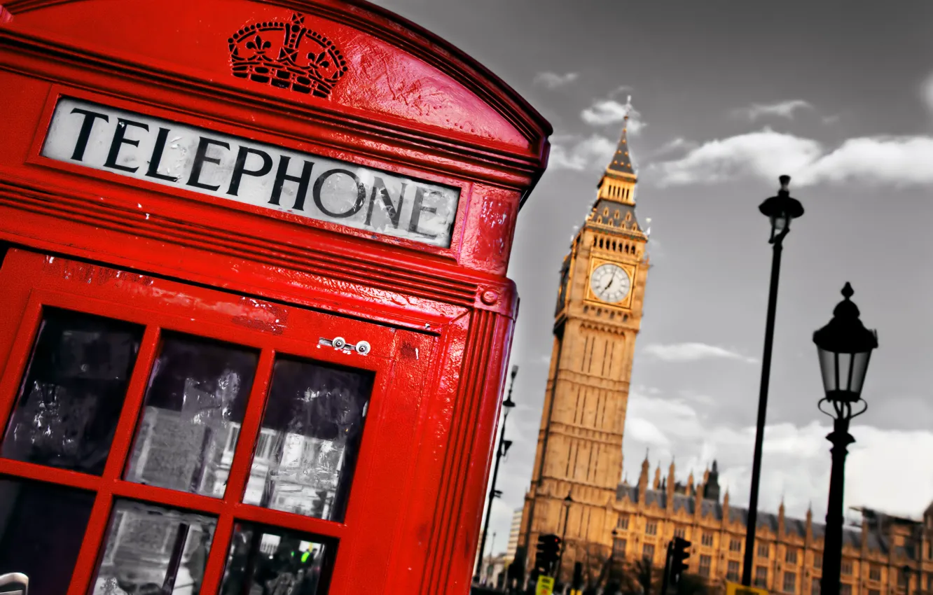 Фото обои Англия, Лондон, телефонная будка, London, England, Big Ben, telephone