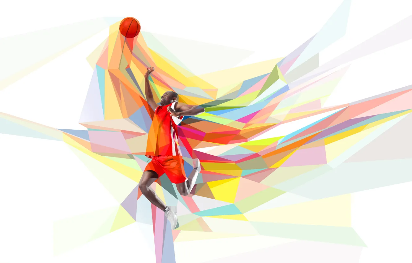 Фото обои прыжок, игра, мяч, баскетбол, баскетболист, бросок, low poly