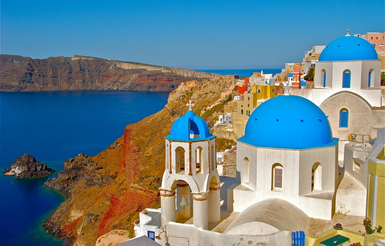 Фото обои скалы, побережье, Санторини, Греция, церковь, Santorini, Oia, Greece