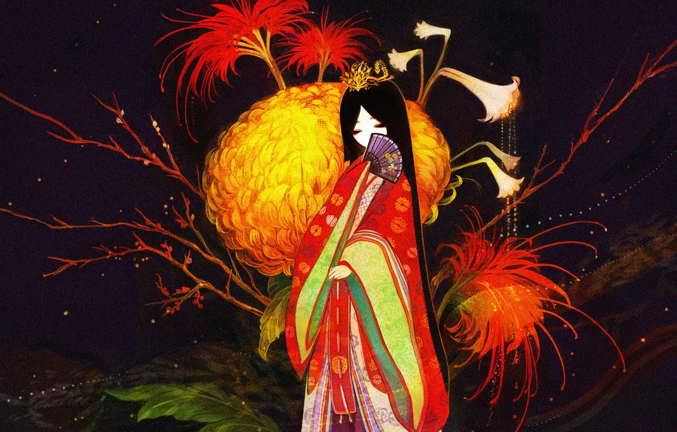 Фото обои девушка, Рисунок, веер, кимоно, хризантемы