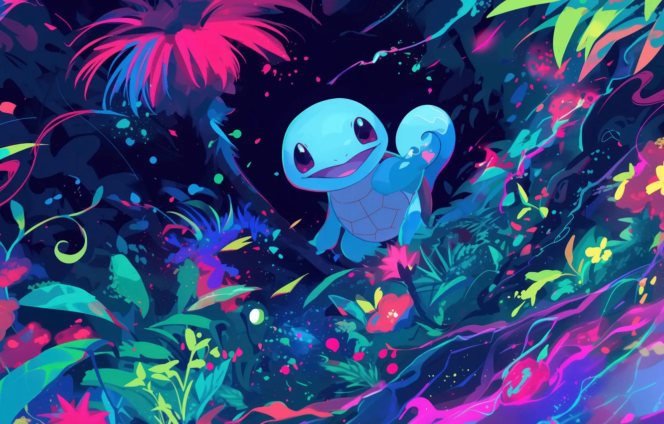 Фото обои трава, вода, краски, водяной, покемон, pokemon, squirtle, водный