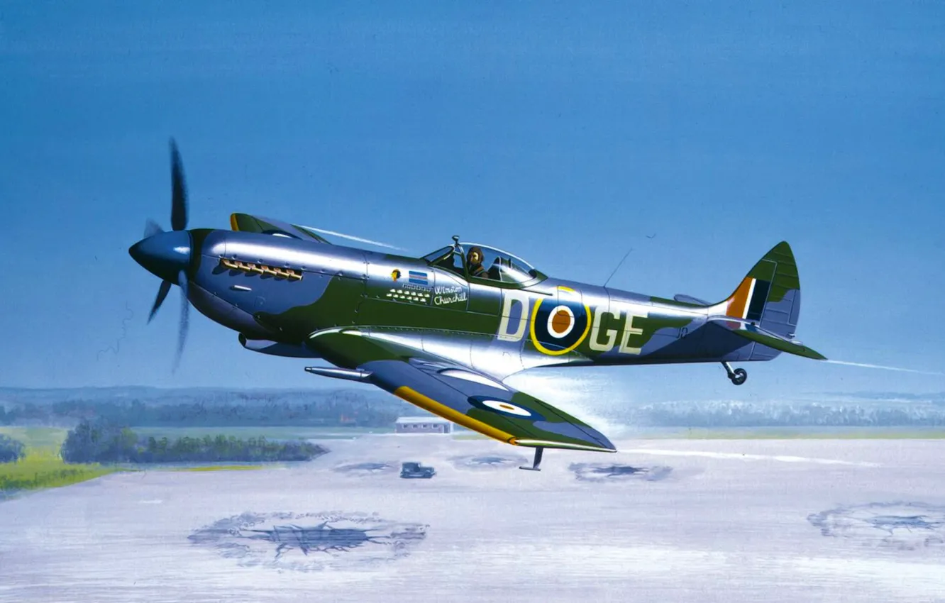 Фото обои war, art, airplane, painting, Supermarine Spitfire, ww2