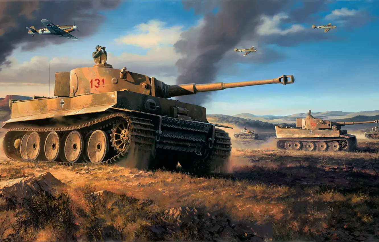 Фото обои тигр, рисунок, арт, танк, tiger, тяжелый, Nicolas Trudgian, Северная Африка