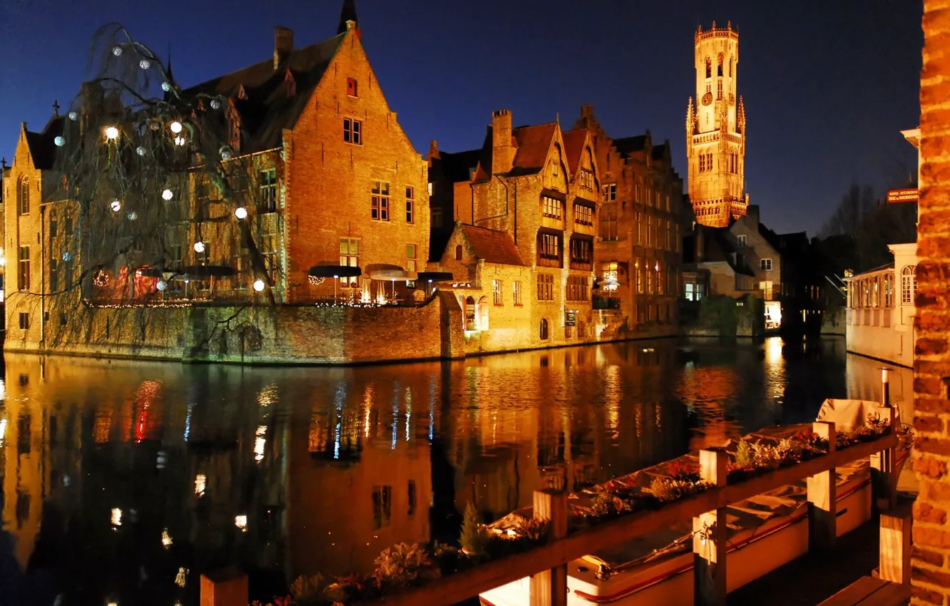 Фото обои город, огни, вечер, Брюгге, Bruges by night