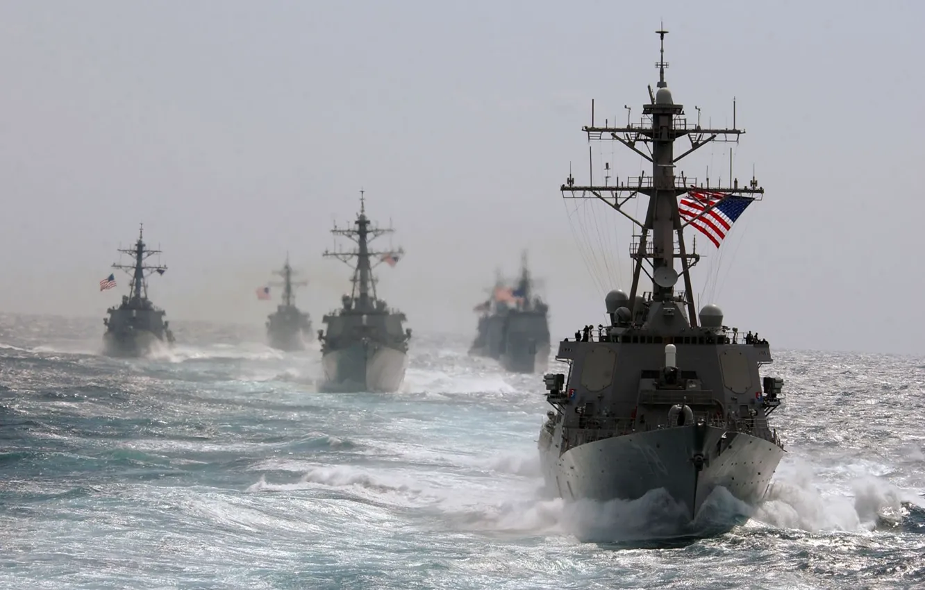 Фото обои Море, Волны, Ветер, Корабли, Военные, США