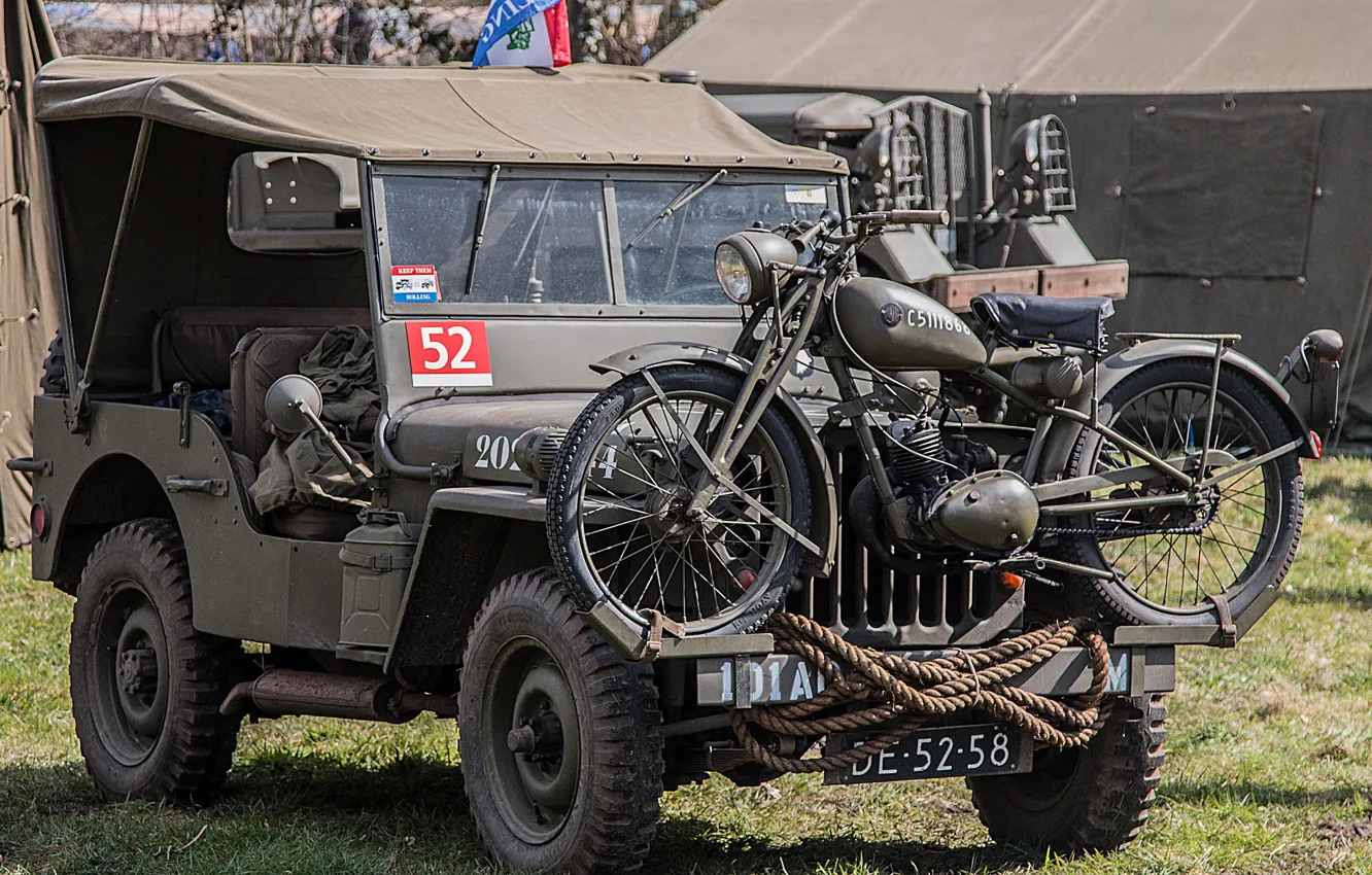 Фото обои войны, мотоцикл, автомобиль, армейский, Jeep, мировой, Второй, времён