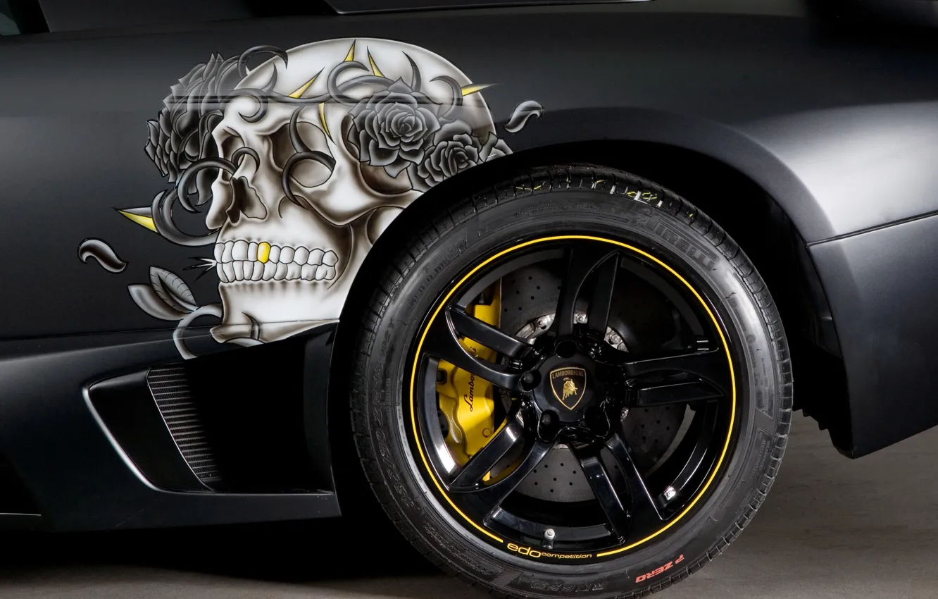 Фото обои черный, череп, Lamborghini, колесо, диск, Black, Murcielago, 2009