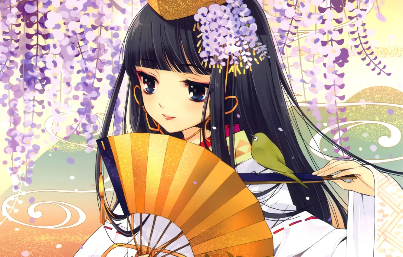 Фото обои цветы, веер, девочка, кимоно, птичка, art, головной убор, noizi ito