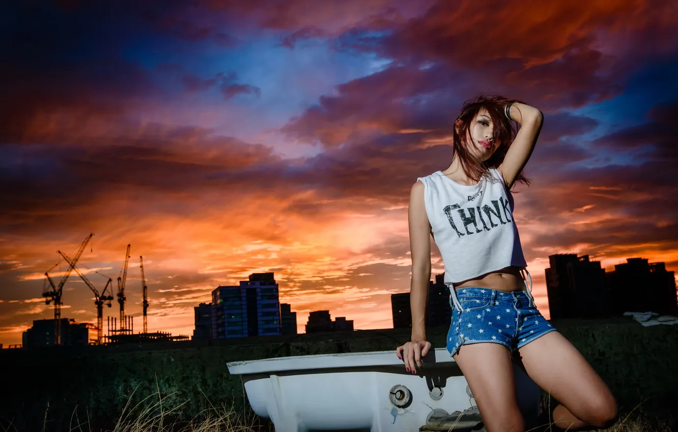 Фото обои девушка, закат, фон